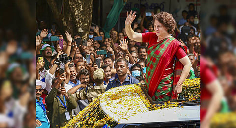 Congress leader Priyanka Gandhi Vadra during a corner meeting ahead of the Wayanad Lok Sabha bypoll, at Nilambur in Malappuram district, Kerala.
