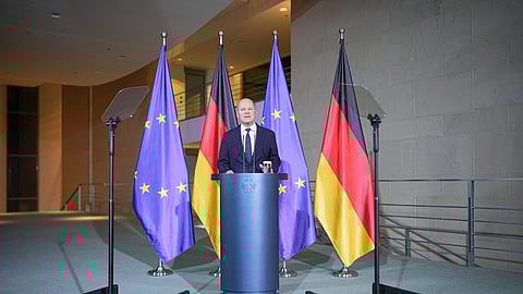 Germany's Federal Chancellor Olaf Scholz speaks in Berlin, Wednesday Nov. 6, 2024.