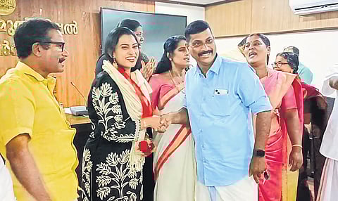 Rasiya Nishad being congratulated by LDF councillors after she was elected chairperson of the public works standing committee of the Thrikkakara municipality