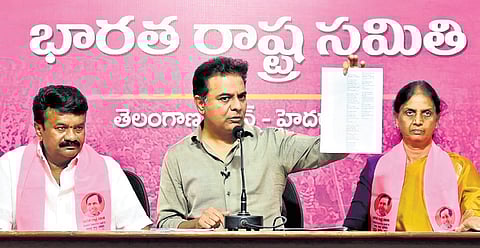 BRS working president KT Rama Rao speaks during a press meet at the party office in Hyderabad