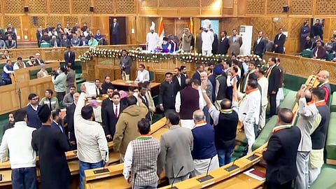 Ruckus in J-K Assembly as opposition MLAs raise slogans in protest over the special status resolution, in Srinagar, Friday.