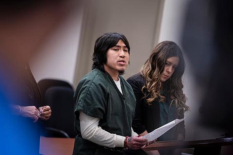 Brandon Ortiz Vite, a citizen of Mexico, gives a statement before being sentenced Thursday, Nov. 7, 2024, at the Kent County Courthouse in Grand Rapids, Mich., after earlier pleading guilty to second-degree murder in the March killing of his girlfriend, Ruby Garcia, 25.