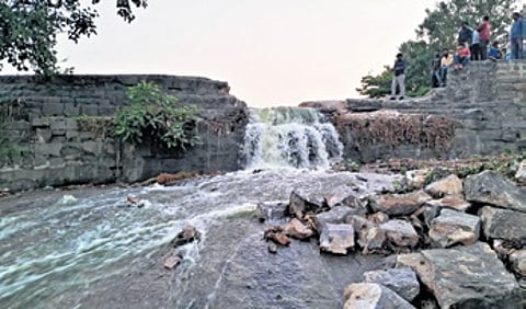 Irrigation officials release water from the Bhadrakali tank on Friday