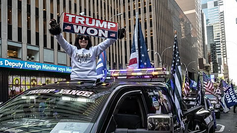 People participate in a car caravan in support of U.S. President-elect Donald Trump on November 9, 2024 in New York City.