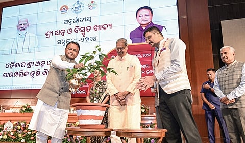 Majhi watering a plant at the event in the presence of Dy CM KV Singh Deo