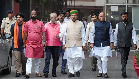 BJP delegation comprising Arjun Ram Meghwal, Arun Singh, Om Pathak, Sanjay Mayukh and Shehzad Poonawalla after a meeting with the ECI, at Nirvachan Sadan in New Delhi, Monday, Nov. 11, 2024.
