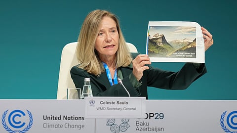 Celeste Saulo, World Meteorological Organization secretary-general, speaks during a session at the COP29 U.N. Climate Summit, Monday, Nov. 11, 2024, in Baku, Azerbaijan.