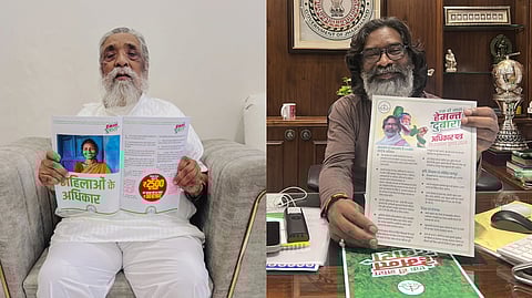 (L-R) A collage of JMM chief founder Shibu Soren and Jharkhand Chief Minister Hemant Soren with the party's manifesto for the upcoming assembly elections.