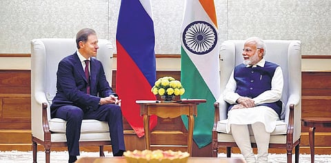 PM Narendra Modi meets Russia Deputy PM Denis Manturov in New Delhi.