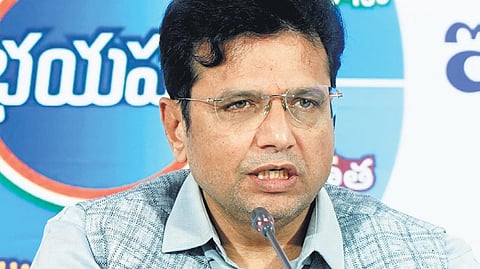 IT & Industries Minister D Sridhar Babu speaks during a press conference at the Congress Legislative Party office in Hyderabad on Tuesday