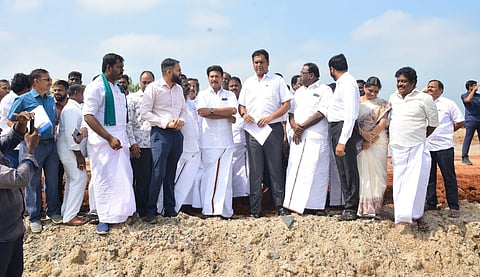 Ministers TRB Rajaa and Anbil Poyyamozhi inspecting the site in Selloor proposed for TIDEL Park in Nagapattinam