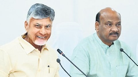 CM Nara Chandrababu Naidu and assembly speaker Chintakayala Ayyanapatrudu during the orientation program for the MLAs and ministers on budget at Assembly on Tuesday.