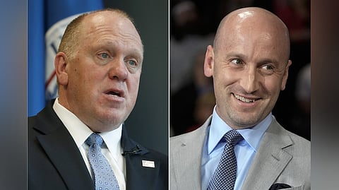A collage of Tom Homan, left, is seen in a April 26, 2018 photo in East Point, Ga., and Stephen Miller is seen in a Oct. 9, 2024, photo in Reading, Pa.