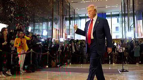 Former President Donald Trump gestures as he leaves after speaking at a news conference at Trump Tower, Friday, May 31, 2024, in New York.