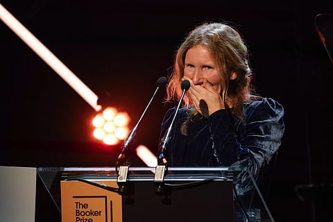 Samantha Harvey gives a speech after winning the Booker Prize award 2024, in London, Tuesday, Nov 12, 2024.
