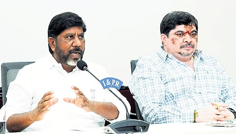 Deputy Chief Minister Mallu Bhatti Vikramarka, along with Transport Minister Ponnam Prabhakar, addresses the media in Hyderabad on Wednesday