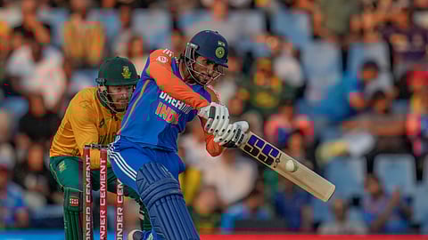 India's Tilak Varma plays a shot during the third T20 International cricket match between South Africa and India, at Centurion Park in Centurion, South Africa, Wednesday, Nov. 13, 2024.