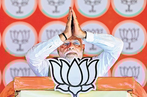 Prime Minister Narendra Modi at a public meeting ahead of the second phase of Jharkhand Assembly elections, in Sarath, on Wednesday.