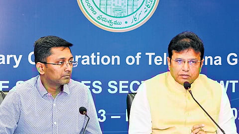 IT Minister D Sridhar Babu address a press meet at HICC, Hyderabad on Thursday