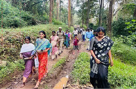Nilgiris District Collector Lakshmi Bhavya Tanneru walking along with the public at Chembakolli tribal settlement on Wednesday.