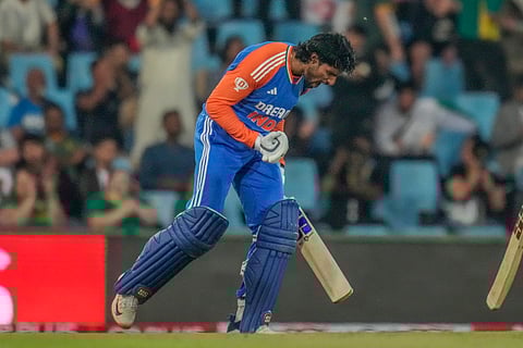 India's Tilak Varma celebrates after scoring a century during the third T20 International cricket match between South Africa and India, at Centurion Park in Centurion, South Africa, Wednesday, Nov. 13, 2024.