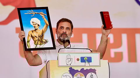 LoP in Lok Sabha and Congress MP Rahul Gandhi addresses a public meeting ahead of the Maharashtra Assembly elections, in Nandurbar district, Maharashtra.
