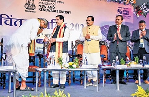 Deputy CM KV Singh Deo greets Union minister Pralhad Joshi at the MNRE Chintan Shivir in Bhubaneswar on Thursday