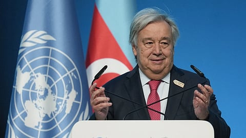 Antonio Guterres, United Nations secretary-general speaks during a plenary session at the COP29 UN Climate Summit, Tuesday, Nov 12, 2024, in Baku, Azerbaijan.