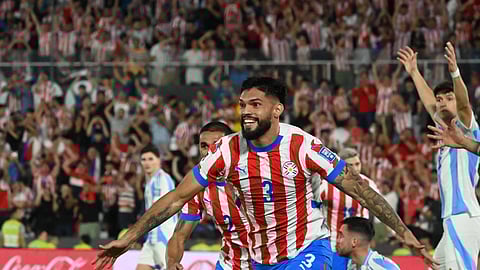 Paraguay's defender Omar Alderete celebrates after scoring during the 2026 FIFA World Cup South American qualifiers football match between Paraguay and Argentina at the Ueno Defensores del Chaco stadium in Asuncion on November 14, 2024.