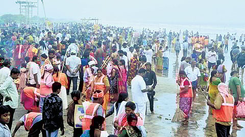 Thousands of devotees visit Manginapudi Beach to take holy dip on Friday