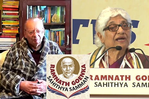 Ruskin Bond and Neerja Chowdhury - two of the winners of the Ramnath Goenka Sahithya Samman.