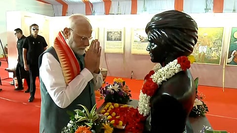 Prime Minister Narendra Modi pays tribute to freedom fighter Birsa Munda on his birth anniversary, also celebrated as 'Janjatiya Gaurav Divas', during an event, in Jamui, Bihar.