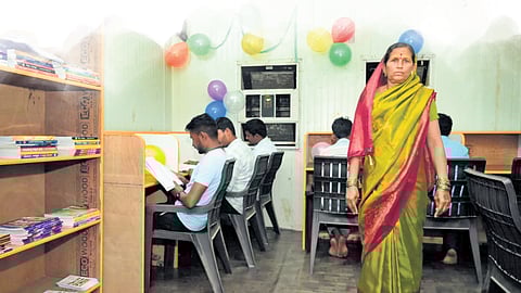 Mallavva Meti at her newly-established library in Mantur village in Raibag, Belagavi district