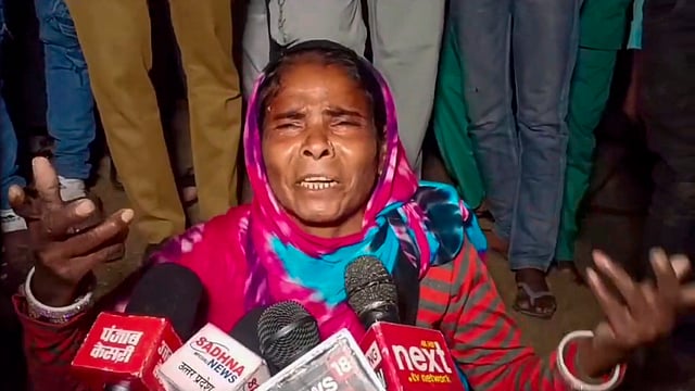 A grieving family member talks to the media after a fire broke out in the Neonatal Intensive Care Unit (NICU) of the Maharani Laxmi Bai Medical College, in Jhansi district, early Saturday.