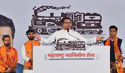 Maharashtra Navnirman Sena (MNS) chief Raj Thackeray addresses a public meeting for Maharashtra Assembly elections, in Thane, Friday, Nov. 15, 2024.