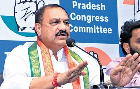 TPCC chief Mahesh Kumar Goud speaks during a press meet in Hyderabad