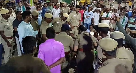 Sulur police arrested more than 50 farmers for staging a road roko protest demanding the authorities to stop carrying out IDPL Gas Pipeline laying works at Sulur on Friday night.