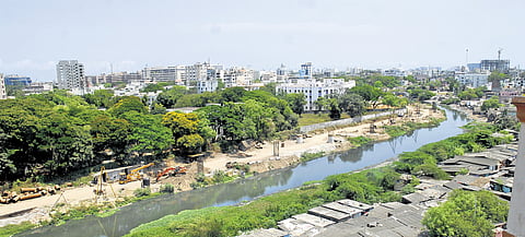 An aerial view of Cooum River along the side of Greams Road in Chennai