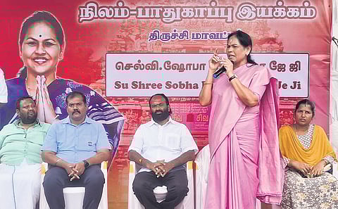 Union Minister of State Shobha Karandlaje addressing an event organised on land disputes, near Tiruchy on Monday