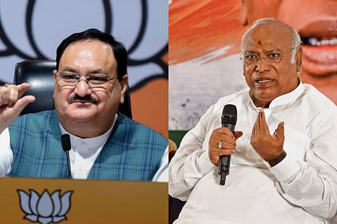 (L) Bharatiya Janata Party (BJP) president J P Nadda and Congress chief Mallikarjun Kharge