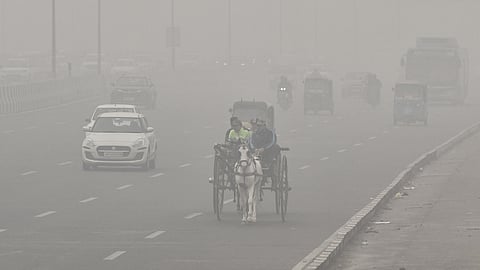Commuters make their way amid thick smog as Delhi's air quality remains in the 'severe' category, at Mayur Vihar Phase -1 in New Delhi on Monday