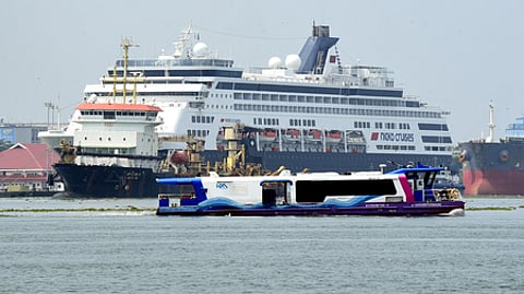 A boat of Kochi water metro overtakes the giant Vasco da Gama cruise ship operated Nicko cruises that arrived in Kochi. Image used for representational purposes only.