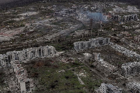 An aerial view of Chasiv Yar shows the frontline city in ruins after heavy fighting between Russian and Ukrainian forces for over a year, Donetsk Region, Ukraine, Nov. 11, 2024.