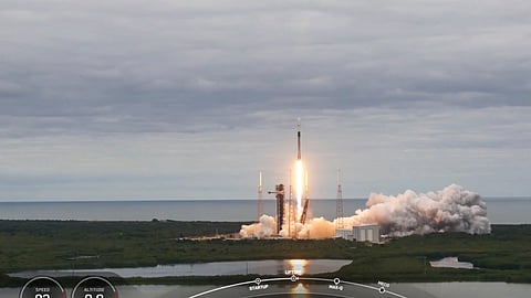 A SpaceX Falcon 9 rocket with a satellite payload on behalf of the Indian Space Research Organization lifts off from launch complex 40 at theCape Canaveral Space Force Station in Cape Canaveral.
