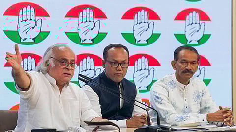 Congress General Secretary Jairam Ramesh, Manipur Congress chief K. Meghachandra and AICC Incharge for Manipur Girish Chodankar address a press conference, in New Delhi, Monday, Nov. 18, 2024.