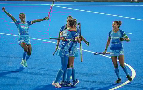 India team celebrates after their win against Japan.