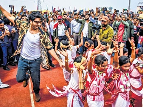 Actor Utkarsh dancing along with KISS students during the promotion of his movie Vanvaas on Tuesday.