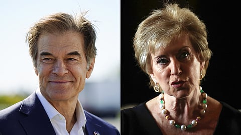 A collage of Mehmet Oz (L) and Linda McMahon (R).