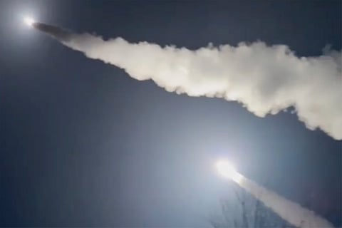 This image was made from a video posted by a Telegram channel affiliated with the Ukrainian military on Tuesday, Nov. 19, 2024. The channel says it shows U.S.-supplied ATACMS missiles being fired from an undisclosed location in Ukraine.