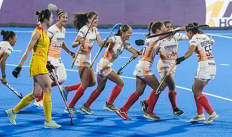 India's Deepika celebrates with teammates after winning the Women's Asian Champions Trophy 2024 final hockey match against China, at Rajgir, Bihar.